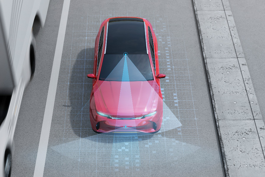 红SUV紧急制动前视图避免汽车碰撞紧急制动系统紧急制动系统概念3D渲染图像,AR,AR导航,HUD,智能座舱