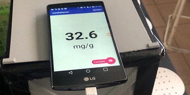 伊利诺伊大学的研究人员已经开发了一种价格合理，可靠的纸质传感器，可与配套的手机应用程序配合使用，如图所示，以检测强化食品中的铁含量。.png
