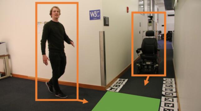 在之前的测试中，安装有ShadowCam系统的自动运行轮椅通过检测拐角处人员投射在绿色区域上的倒影，来判断是否有行人走近。