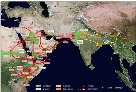 图1。  2018-2020年沙漠蝗虫主要迁飞路径图